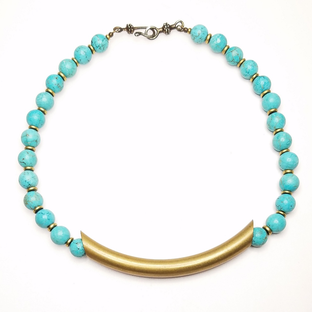 Blue Faux Turquoise Bead Bronze Statement Neckace